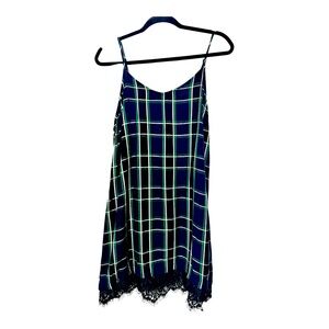 VTG 90's Y2K Arizona Jean Co. Plaid Slip Dress L Grunge Rayon Mini w Lace Hem